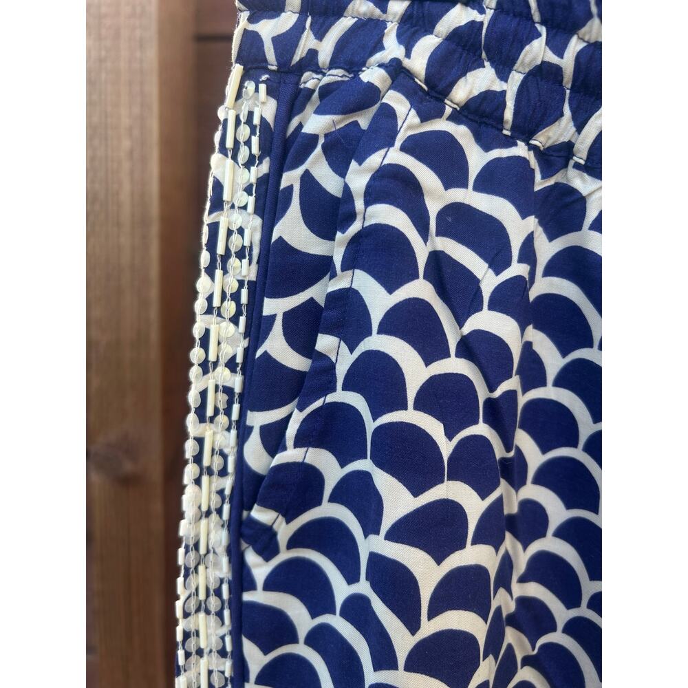 Anthropologie Navy White Scallop Print Embroidered Beaded Pants Size S - Picture 4 of 9